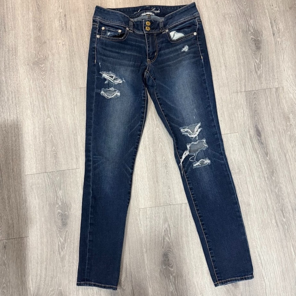 American Eagle Skinny Jeans Womens 6 Blue Distressed Super Stretch Denim 28x29